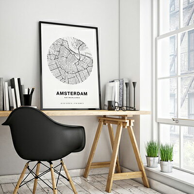 ポスター A3 北欧 アートポスター アート インテリア - City Maps - Amsterdam - Circle - モノクロ モノトーン 白黒 世界地図 アムステルダム オランダ ヨーロッパ 地図 モダン シンプル