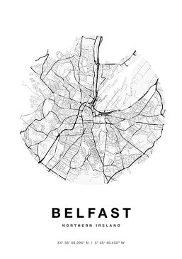 【20％OFF #StayHomeキャンペーン】ポスター A3 北欧 アートポスター アート インテリア - City Maps - Belfast - Circle - モノクロ モノトーン 白黒 世界地図 都市 ベルファスト アイルランド ヨーロッパ 地図 モダン シンプル