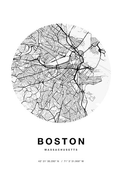 ポスター A0 北欧 アートポスター アート インテリア - City Maps - Boston - Circle - モノクロ モノトーン 白黒 世界地図 都市 ボストン アメリカ USA 地図 モダン シンプル