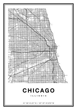 【20％OFF #StayHomeキャンペーン】ポスター A2 北欧 アートポスター アート インテリア - City Maps - Chicago - モノクロ モノトーン 白黒 世界地図 都市 シカゴ アメリカ USA 地図 モダン シンプル