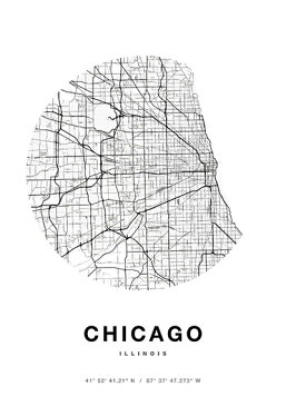 ポスター A0 北欧 アートポスター アート インテリア - City Maps - Chicago - Circle - モノクロ モノトーン 白黒 世界地図 都市 シカゴ アメリカ USA 地図 モダン シンプル