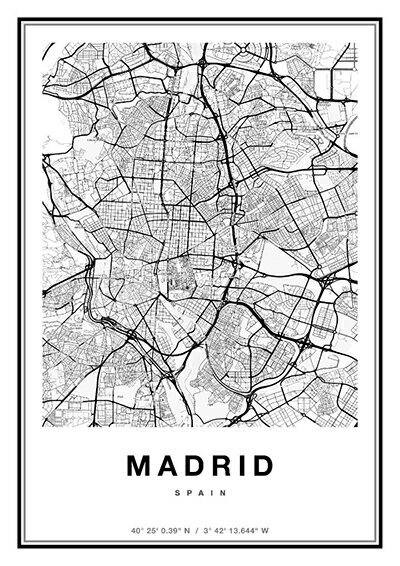 ポスター A0 北欧 アートポスター アート インテリア - City Maps - Madrid - モノクロ モノトーン 白黒 世界地図 都市 マドリード スペイン ヨーロッパ 地図 モダン シンプル