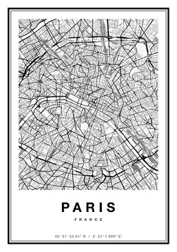 ポスター A0 北欧 アートポスター アート インテリア - City Maps - Paris - モノクロ モノトーン 白黒 世界地図 都市 パリ フランス ヨーロッパ 地図 モダン シンプル