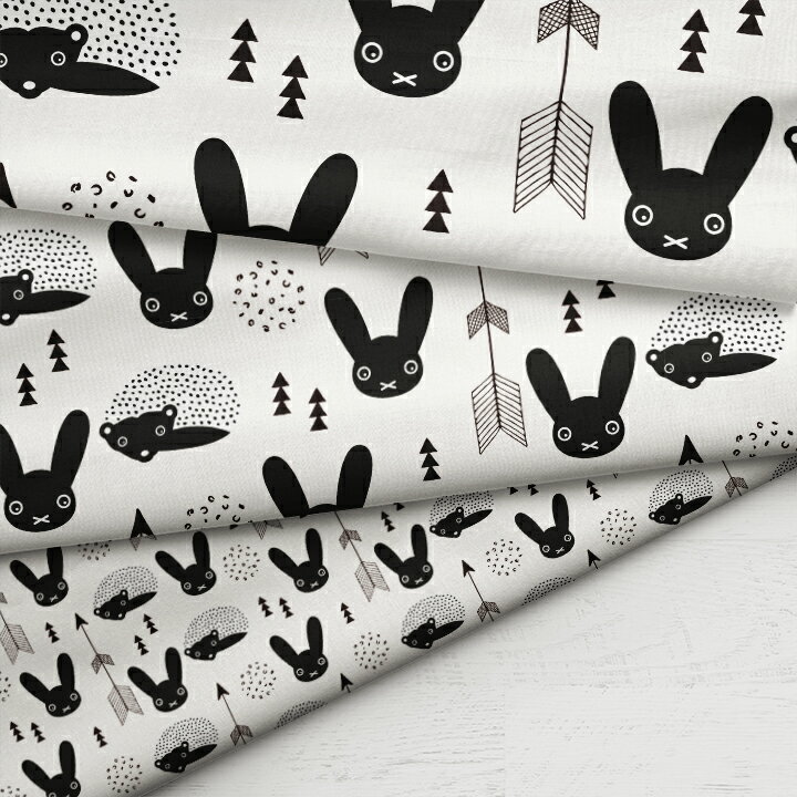 乐天商城 - ［合計1m以上で送料無料］[Hedgehogs＆Bunnies BW/LSS] 生地 小学生 ハリネズミ 北欧風 シーチング生地 お洒落 布 男の子 女の子 かわいい GOOD クリスマス 北欧