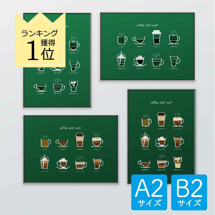 ポスター 北欧 おしゃれ インテリア A2 B2 アート アートパネル 【 coffee chill out!! Green 】 カフェ風 コーヒー スタイリッシュ モダン シンプル