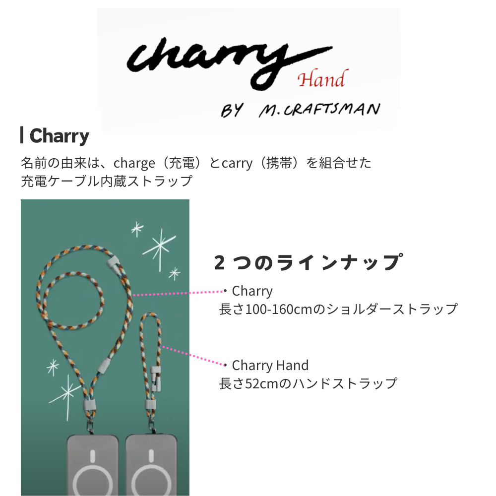 M.Craftsman エムクラフトマン Charry Hand チャーリー ハンド 充電ケーブル内蔵 ストラップ ストラップカード S+SC ストラップ付属 手首 カラビナ ハンドストラップ ハンズフリー おしゃれ かわいい かっこいい スマホショルダー ガジェット 便利グッズ タイプC area-10008030 エアリアダイレクト楽天市場店 サンプル画像2