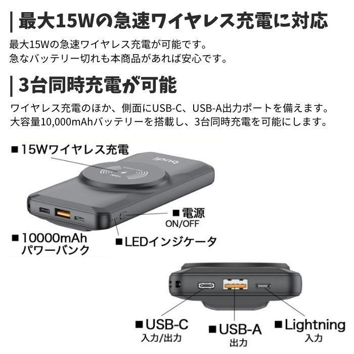 【決算SALE】budi Magsafe対応 10000mah モバイルバッテリー PB802W 最大15W 充電 ケーブル付属 スタイリッシュ すっきり かたずけ おしゃれ かわいい 便利 旅行 防災 大容量 収納 マグセーフ マグネット Type-C　タイプC ライトニング iPhone