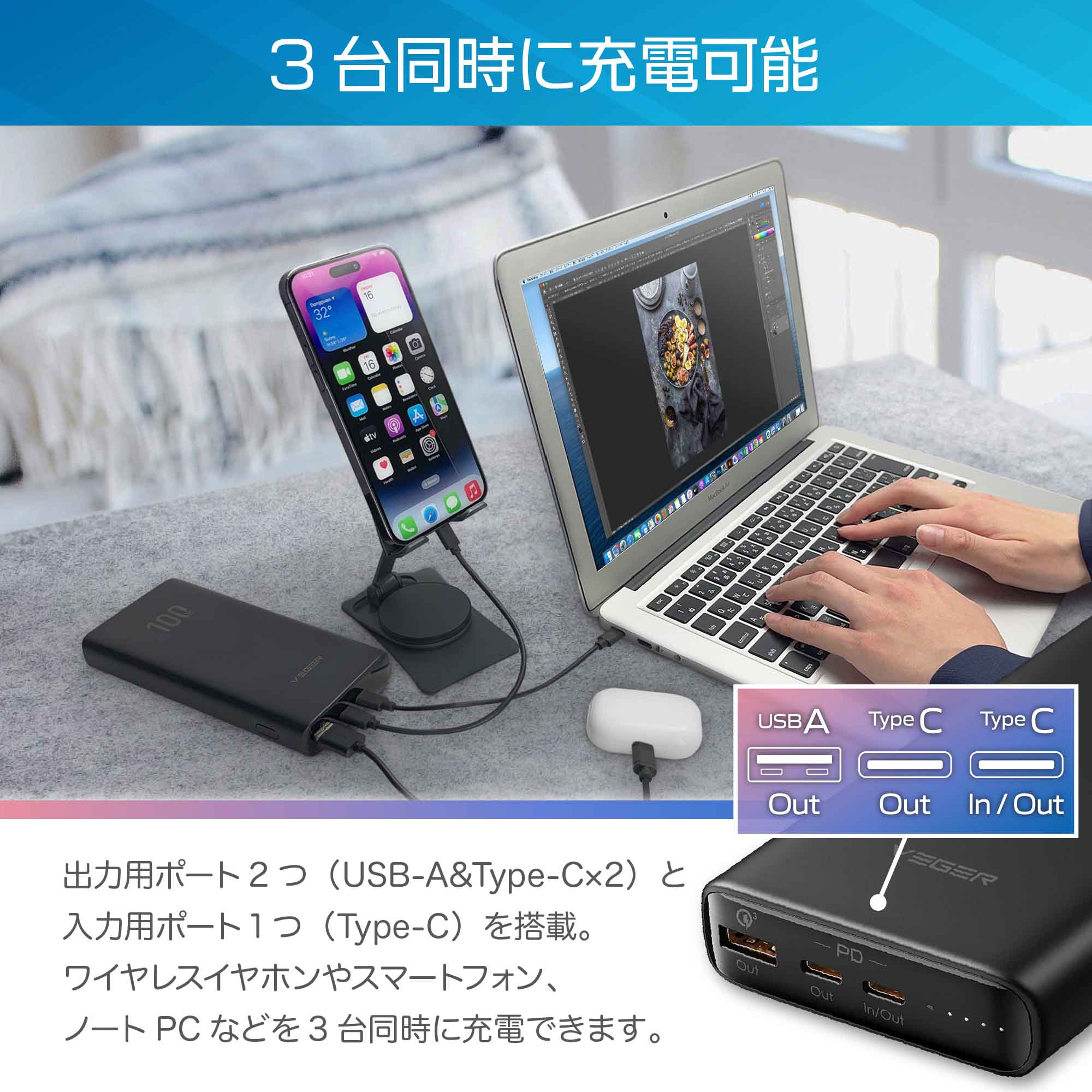 VEGER Power Bank T100 パワーバンク 20000mAh 大容量 モバイルバッテリー 100W 出力 急速充電 スマホバッテリー 充電器 3台同時 小型モバイルバッテリー USB-A Type-C Quick Charge3.0 大容量 スマホ 携帯 充電器 PSE技術基準適合品 防災 備え 持ち歩き