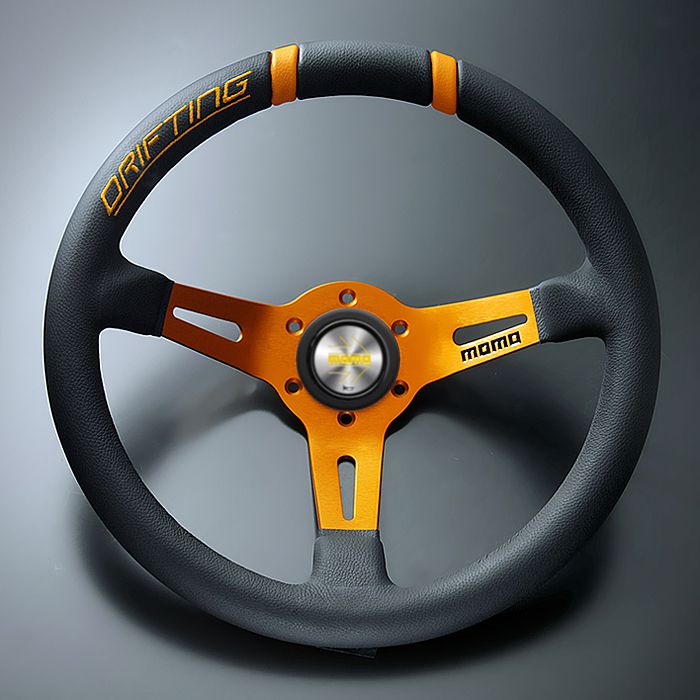 MOMOモモハンドルDRIFTINGドリフティング33ΦBKレザー/ORスポークORANGEステッチ