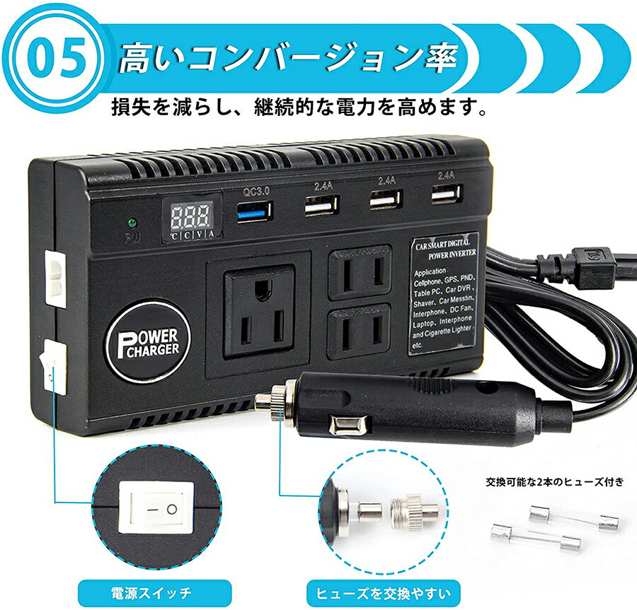 21公式店舗 修正弦波 Acコンセント 3口 2口 3 Usbポート 4 シガーライターソケット 2 カーインバーター 車載充電器 1w Dc12v 24vをac110vに変換 修正正弦波 カーチャージャー 12v車 24vトラック対応 アダプター 直流交流変換装置 車内急速充電 シガーソケット 交換