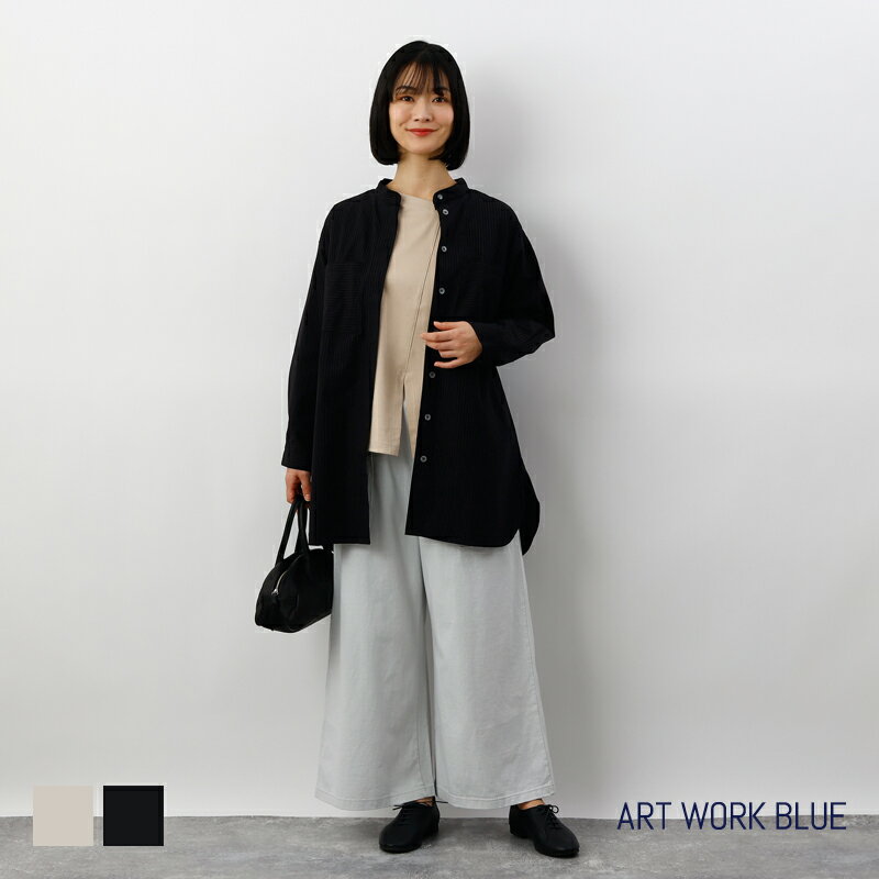 ART WORK BLUE / ウェザーストライプチュニックシャツ スタンドカラー コットン 日本製 ベージュ ブラック
