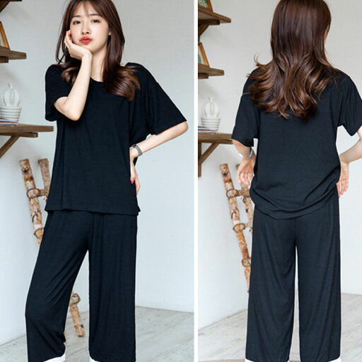 パジャマ ルームウェア レディース 春夏 上下セット レース 半袖 無地 リブ仕様 ナイトウェア 寝間着 部屋着 ゆったり 体型カバー ウエストゴム ポケット付き 送料無料