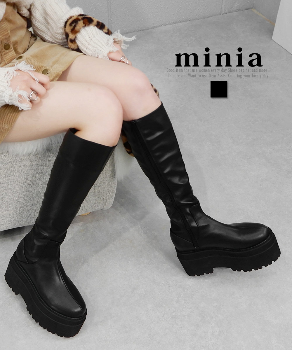 【お買い物マラソンSALE!!着後レビューCPも】チャンキーウェッジフィットロング 9cmヒール minia ◇ ブーツ ショートブーツ ミドルブーツ プラットフォーム 船底 厚底 太ヒール ローヒール フラット レディース シューズ 靴