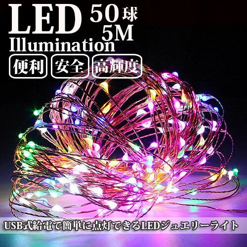 LEDイルミネーション ジュエリーライト USB式 便利 5m 50球 ICチップ付き レインボー ワイヤー クリスマスライト