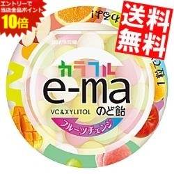 ■メーカー:味覚糖■品名:e-maのど飴カラフルフルーツチェンジ 33g丸型容器■賞味期限：（メーカー製造日より）10カ月■なめれば次々と味が変化し、カリッと噛むとフルーツミックス味が楽しめ、1粒でいろいろな楽しみ方が味わえます。■かばんにおしゃれに入れられる携帯しやすいスタイリッシュな容器です。