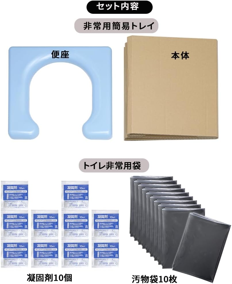 【こだわりの日本製】避難用トイレ 耐荷重約120kg トイレ非常用袋 10回分セット 非常用 簡易トイレ 災害用 防災 簡易 携帯トレイ 段ボールタイプ 取替え用 組み立て簡単 防災用品汚物袋 凝固剤 3