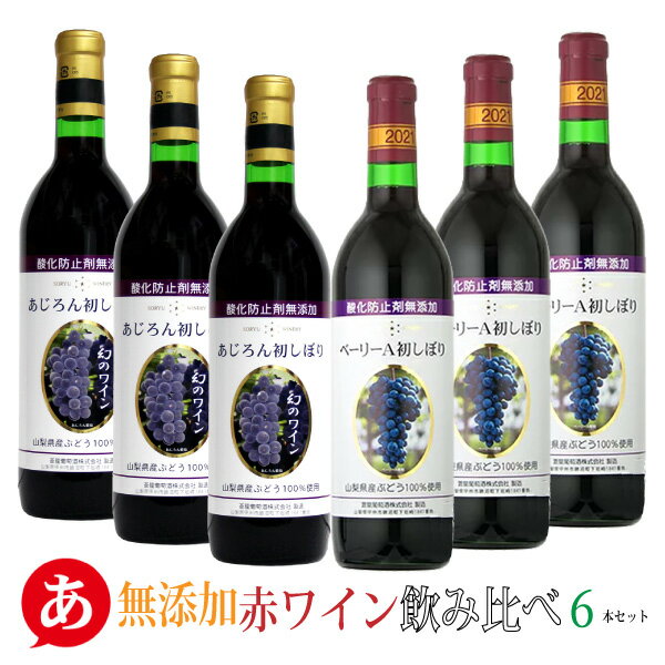 【無添加 赤ワイン 飲み比べ 6本セット】送料無料 ワインセット 甘口 あじろん 初しぼり 辛口 ベーリーA 初しぼり 甲州ワイン アジロン 日本ワイン 国産 赤ワイン 山梨 蒼龍葡萄酒 ヌーヴォー Japanese wine