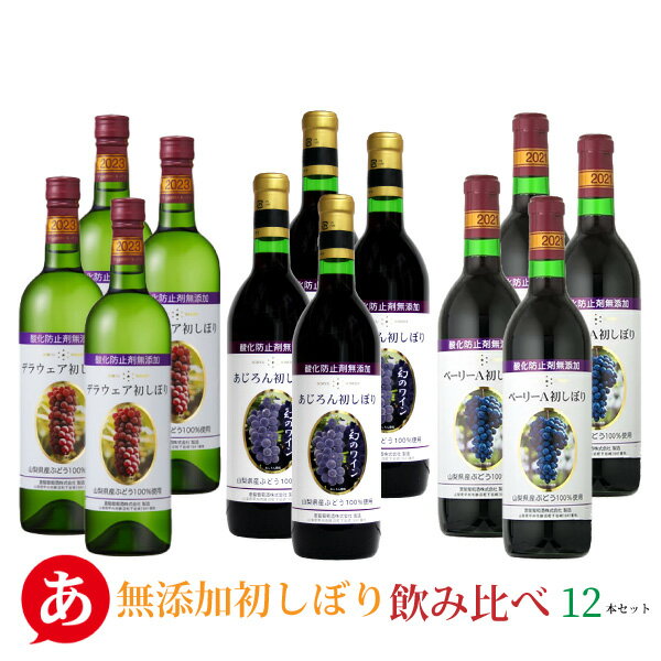 【 新酒 無添加 初しぼり 飲み比べ12本セット】送料無料 ワインセット ライトボディ 甘口 あじろん デラウェア マスカットベーリーA 甲州ワイン アジロン 日本ワイン 国産 赤ワイン 白ワイン 山梨 蒼龍葡萄酒 Japanese wine