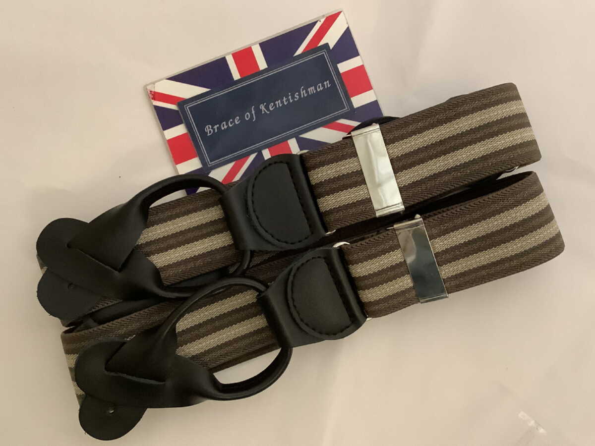 サスペンダー 英国流 クラシックYバック6ボタン留めブレイスAZBR3ST茶3ストライプ　B173