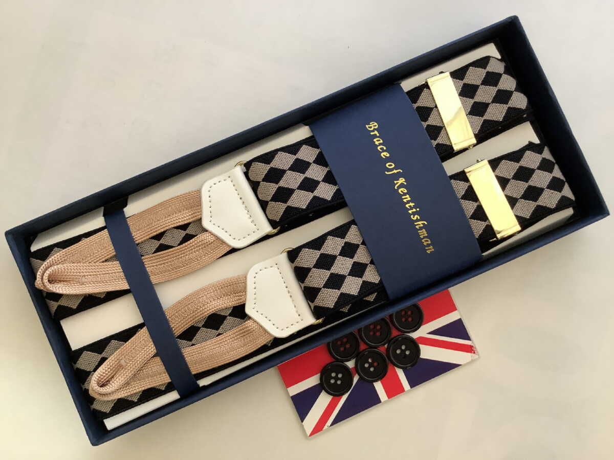 サスペンダー英国流クラシック6ボタン留ブレイス ダイアモンド柄エラステックwithブレイドエンドELBKWTDIAYLBD B731
