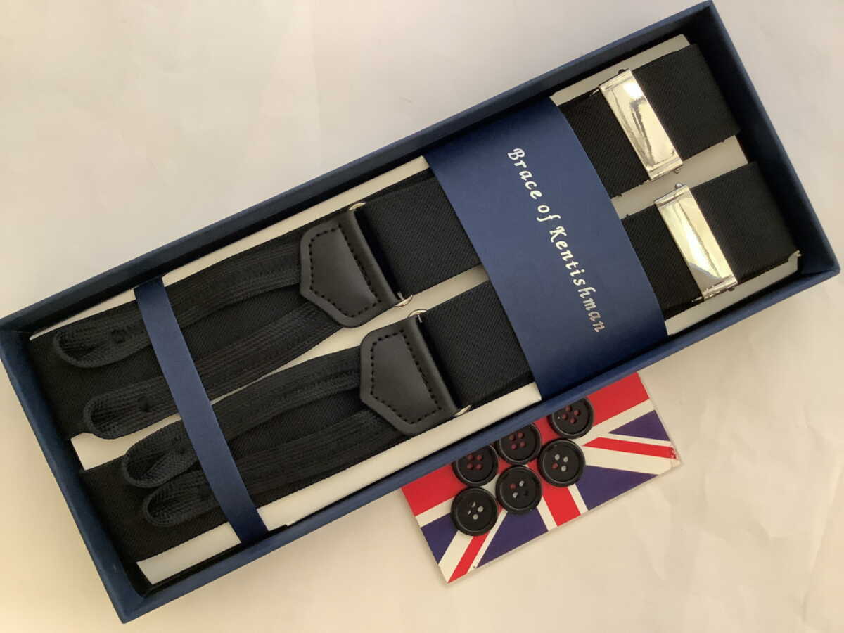 サスペンダー英国流クラシック6ボタン留ブレイス 黒色エラステックwithブレイドエンドELBKSLBKBD B741