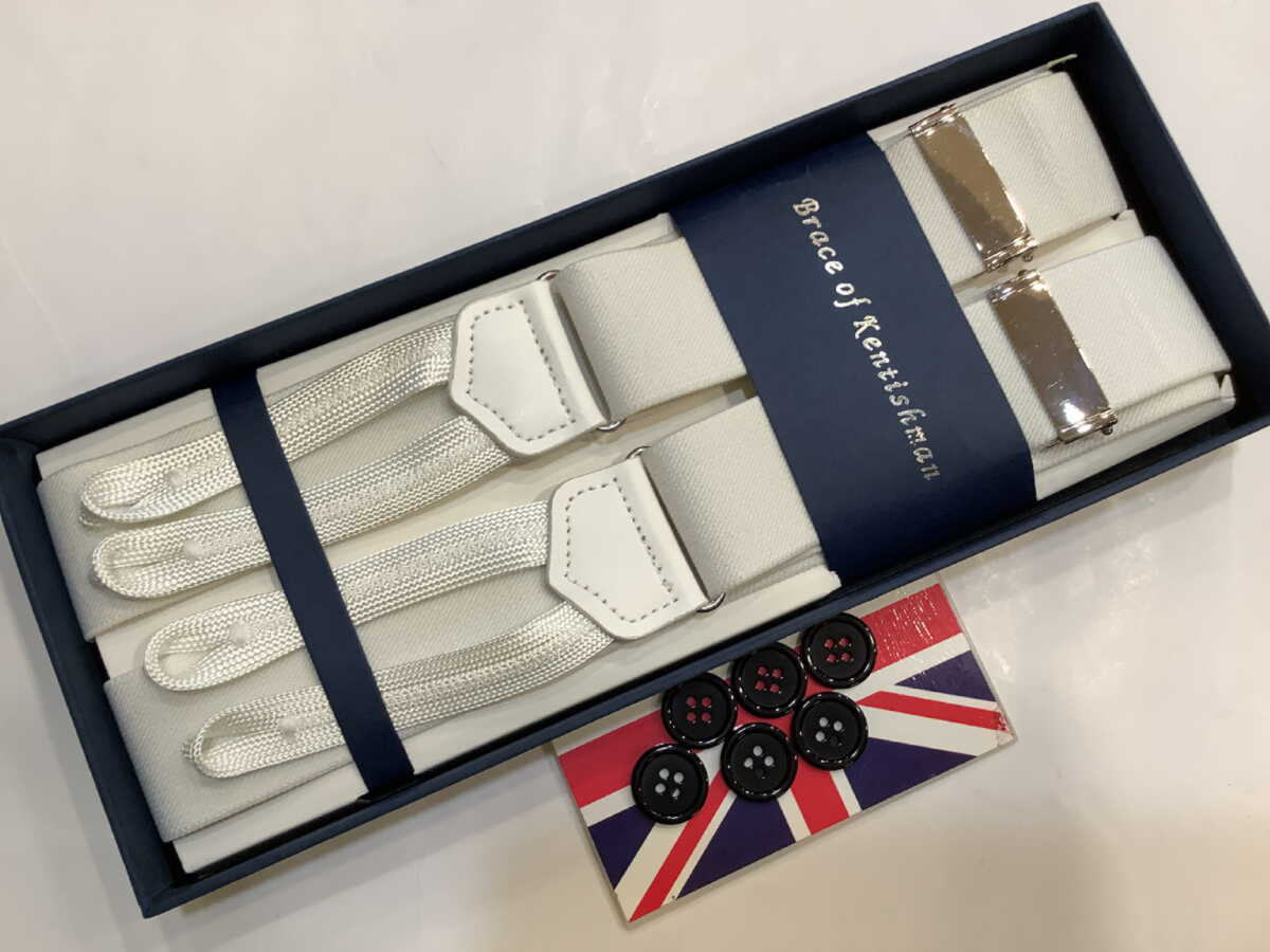 サスペンダー英国流クラシック6ボタン留ブレイス 白色エラステックwithブレイドエンドELWTSLWTBD B744