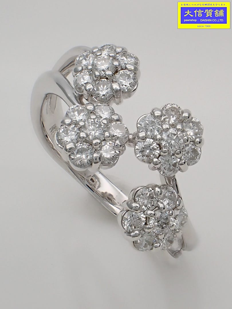 K18WG ホワイトゴールド ダイヤ リング 1.00ct フラワーモチーフ 16号 7.02g 中古A【中古】【大信質舗..