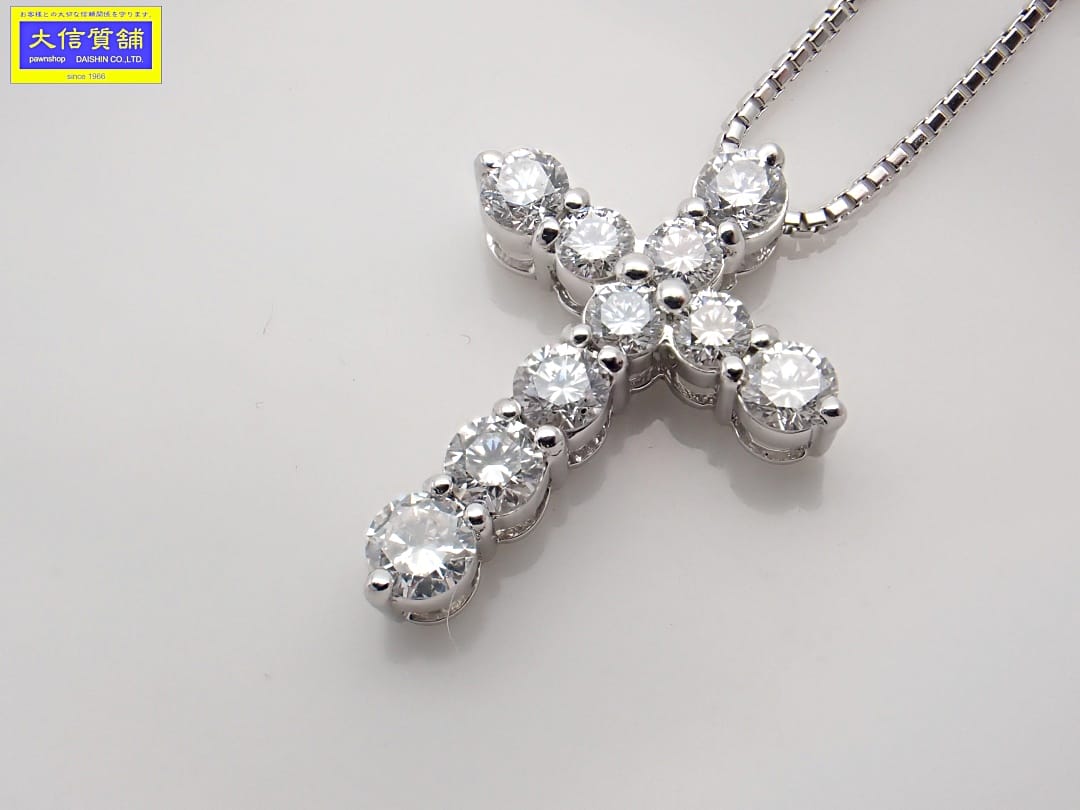 K18WG ホワイトゴールド クロスペンダント ベネチアチェーンネックレス 45cm 1.00ct 5.19g 中古A+【中古】【大信質舗】【質屋出店】管理番号：C-9297