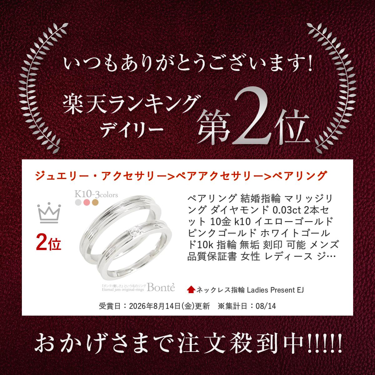 ネックレス指輪 Ladies Present EJのペアリング 結婚指輪 マリッジリング ダイヤモンド 0.03ct 2本セット 10金 k10 イエローゴールド ピンクゴールド ホワイトゴールド 10k 指輪 無垢 刻印 可能 メンズ 品質保証書 女性 レディース ジュエリー アクセサリー 人気 おすすめ プレゼント ギフト 贈り物 送料無料｜アングル2