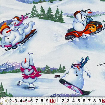 ウィンタースポーツ中のスノーマン シーニック/ホワイト 110*90 ES-3129s コットンプリント生地