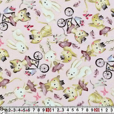 3W-3870 自転車のネコ、ウサギ、お花、小鳥 トス ピンク コットンプリント生地
