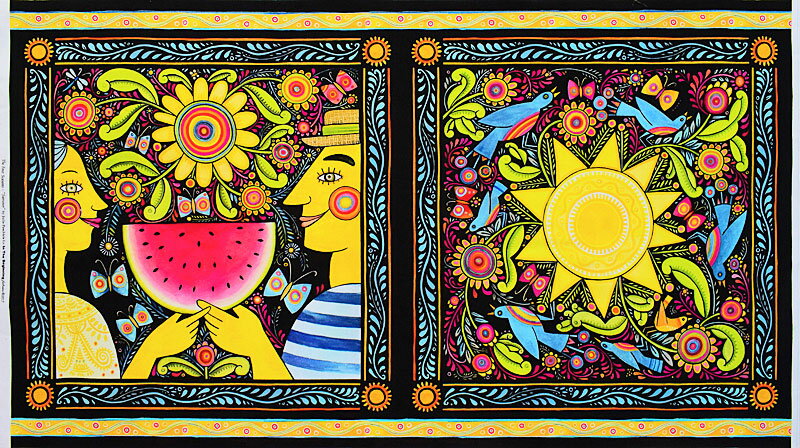 BF-4056 エスニックな男女とスイカと太陽と鳥 マルチ・ブラック/パネル 110*59.5 未完成品 コットンプ..