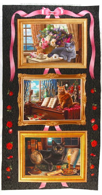 PC-4257 額縁の中のネコ、薔薇、リボン パネル/ブラック 58*110（未完成品） マダム・ヴィクトリア・エレガント・キャッツ・パネル MADAM VICTORIA ELEGANT CATS CTN PNL &copy;RC, LTD. DBA IMAGE WORLD, Courtesy of MHS Licensing. Sykel Enterprises, a Division of Fabique Innovations, Inc. Patt 10262 綿100%、平織り、シーティング、ブロード 1セットは約巾58cm×110cmです。 1セットでは価格が2350円になります。 1セット分の重さは約104gです。(生地の厚さの参考にしてください。)PC-4257 額縁の中のネコ、薔薇、リボン パネル/ブラック 58*110（未完成品） ネコがモチーフのパネル柄。約横41cm、約縦30cmの額縁に入れたネコと静物の油絵を3枚、縦に並べたようなタペストリー・パネル柄。デジタル・プリントらしい、ハッキリ、くっきりした色、プリントです。1セットの大きさは約横58cm、約縦110cmです。そのまま縦長のタペストリーとして飾りたいと思います。