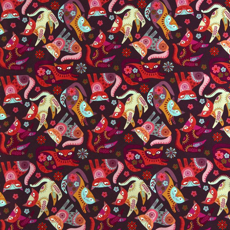 アップリケのネコ トス/アズキ色 CW-4263 コットンプリント生地