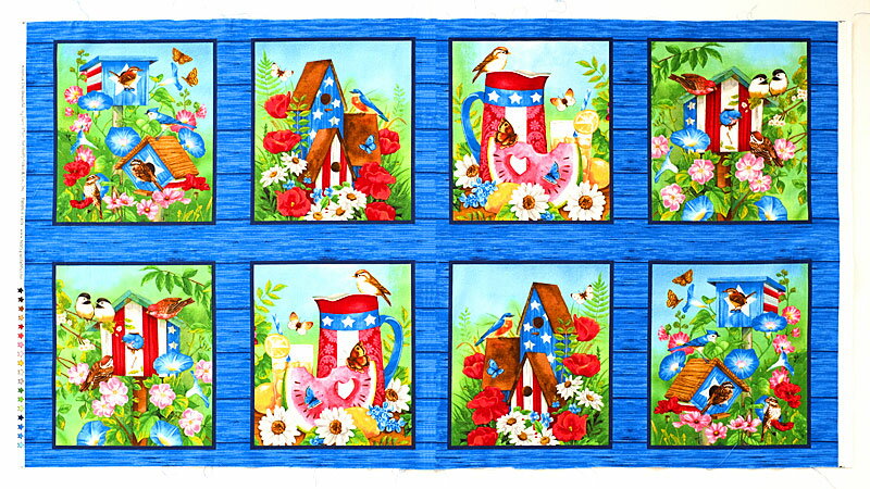 HG-4388 小鳥とアメリカンな巣箱 パネル 110*60（未完成品）アメリカ・ザ・ビューティフルHEG1459-77 AMERICA THE BEAUTIFUL by Jane Alison America The Beautiful by Jane Alison for Henry Glass &amp; Co., Inc. Pattern# 1459 www.henryglassfabrics.net綿100%、平織り、シーティング、ブロード1セットは約巾110cm×60cmです。1セットの価格が1950円になります。1セット分の重さは約110gです。(生地の厚さの参考にしてください。)HG-4388 小鳥とアメリカンな巣箱 パネル 110*60（未完成品） 小鳥と巣箱がモチーフのブロック・パネル。約横22cm、約縦25.5cmのパネルが横に4列、縦に2段の8パネルで1セットです。それぞれのパネルは違う絵柄ですので、8柄のパネルがあることになります。パネルの絵柄はアメリカ国旗を思わせる赤白のストライプとブルー地に白い星で塗られた巣箱と北米大陸に住む小鳥達。このパネル柄をそのままタペストリーとして飾るのもいいですし、パネル毎に切り取ってそれぞれファブリック・パネルにしたり、クッションカバーにしたり、トートバッグなどを作ったり、Tシャツに貼り付けたりしても可愛いです。