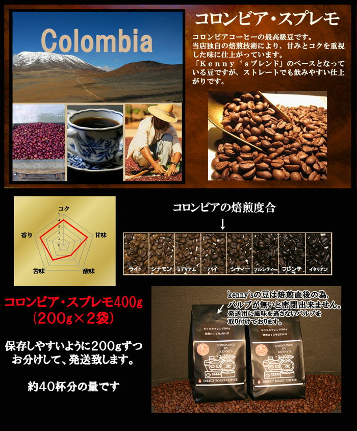 「コロンビア・スプレモ 400g」（約40杯分）特別価格★メール便で送料無料専用メール便200g×2袋で発送【メール便】