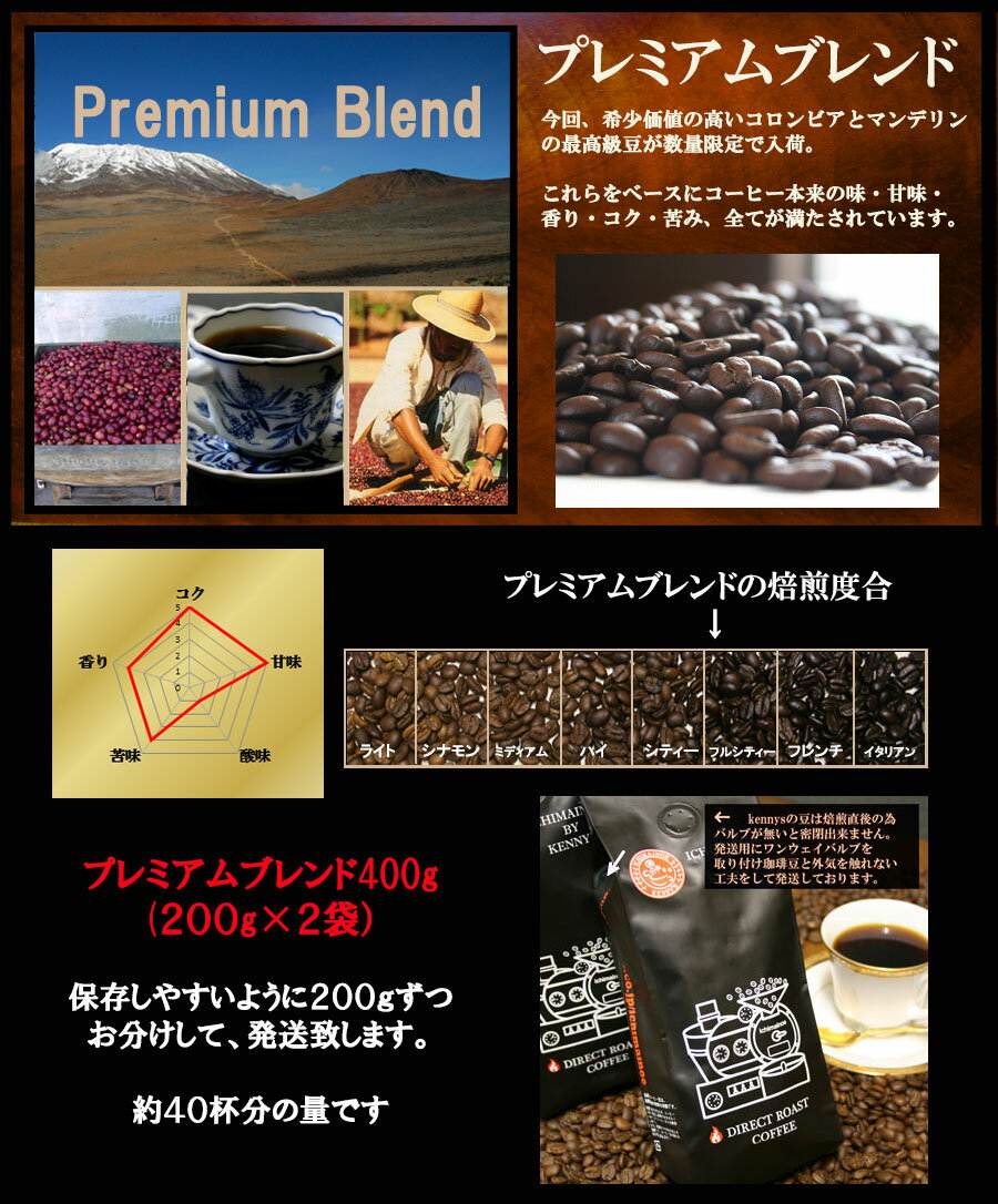 Premium Blend400g送料無料メール便400gを今だけ！メール便ギリギリの400g発送送料無料 赤字価格　40杯分　コーヒー豆　珈琲豆　珈琲 【メール便】