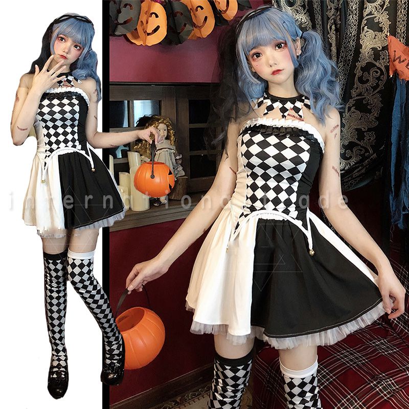 予約 コスプレ服 ピエロ風 ワンピース レディース 衣装 ハロウィン ホラー ピエロ コスチューム サーカス風 モノトーン 仮装 かわいい 怖い セクシー コミカル パーティー イベント 学園祭 文化祭 撮影会 大人用 ミニスカート フリル