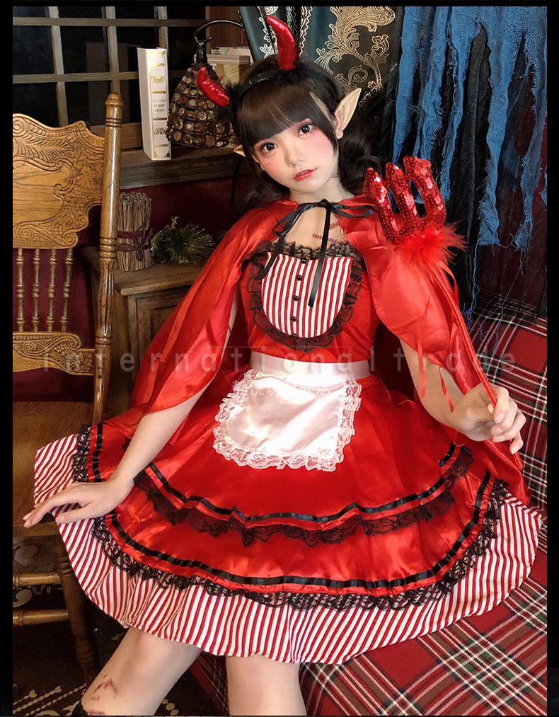 予約 コスプレ衣装 赤ずきん風 衣装 コスチューム レッドワンピース エプロン メイド マント ケープ デビル 魔女 小悪魔 かわいい コスプレ衣装 ミニスカート レディース 学園祭 文化祭 イベント パーティー 余興 お祭り