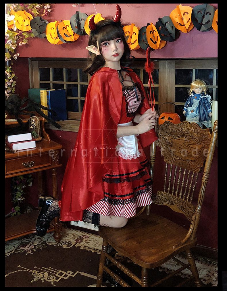予約 コスプレ衣装 赤ずきん風 衣装 コスチューム レッドワンピース エプロン メイド マント ケープ デビル 魔女 小悪魔 かわいい コスプレ衣装 ミニスカート レディース 学園祭 文化祭 イベント パーティー 余興 お祭り