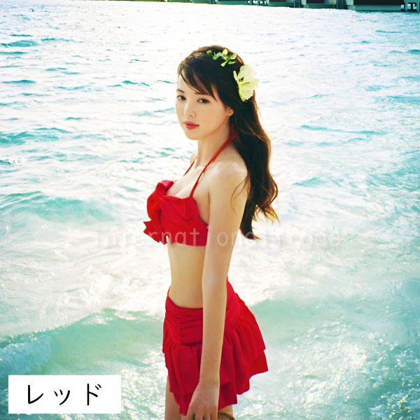 【Fashion THE SALE半額】レディース水着 ビキニ 3点セット フリル フレアスカート付き 体型カバー 可愛い セクシー 赤 ピンク 白 紫 スイムウェア バカンス 海 プール 夏休み リゾート 海外旅行 ビーチ 韓国ファッション風 おしゃれ 人気 トレンド 着痩せ SSBF