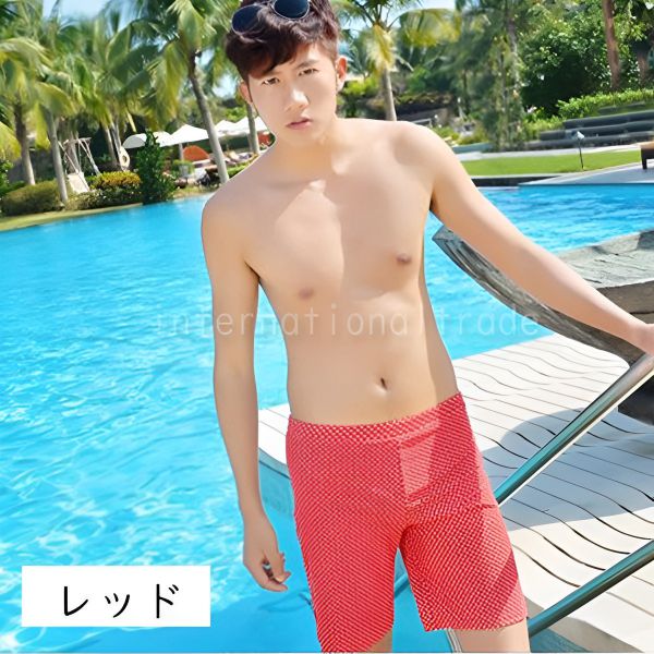 メンズ水着 海パン サーフパンツ 赤 レッド 小柄 水玉柄 ドット ハーフパンツ 軽量 速乾 リゾート 海 プール 旅行 水遊び 男性用 スイムウェア スイムパンツ カジュアル おしゃれ 涼しげ ビーチ 夏 シンプル カップル ペアルック SSBF