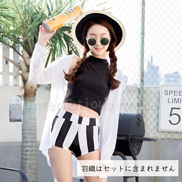 レディース水着 モノトーン セパレート 2点セット トップス ハイネック ノースリーブ ボーダー柄 ショートパンツ付き ストライプ モノクロ 黒 白 ブラック ホワイト 体型カバー 着痩せ効果 スタイリッシュ クール おしゃれ スポーティ