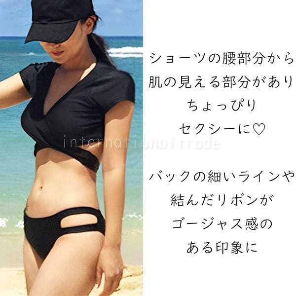 レディース水着 ビキニ セットアップ クロップドトップス風 セパレート ハイウエスト風 体型カバー カシュクールデザイン 黒 ブラック モノトーン スタイリッシュ セクシー 大人可愛い シンプル おしゃれ クロスストラップ 着痩せ効果 SSAF