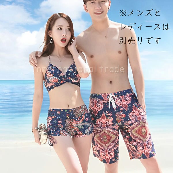 メンズ水着 海パン サーフパンツ ハーフパンツ トライバル柄 エスニック柄 ペイズリー風 リゾート風 体型カバー カジュアル 海 プール 温泉 ビーチ バカンス スイムウェア 男性用 おしゃれ 夏 海 ペアルック カップル リンクコーデ