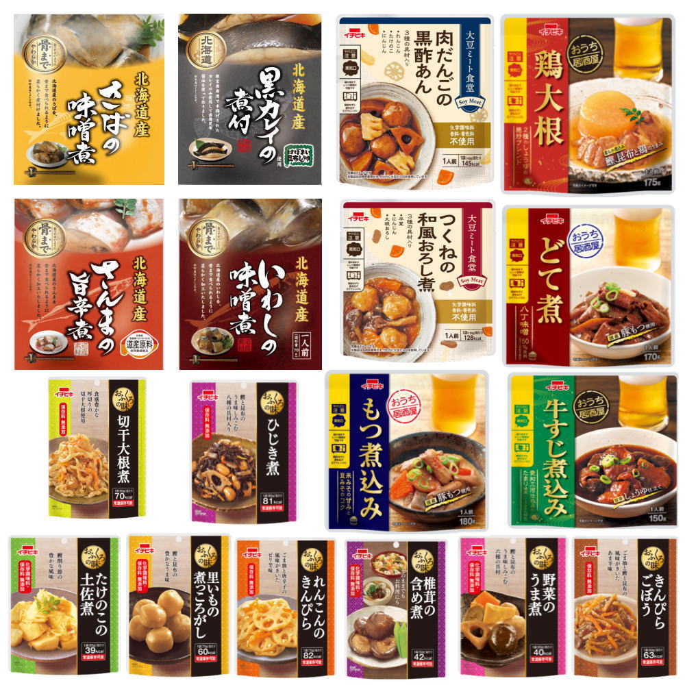 リニューアルパウチおかず いちびき食品 北海道根室の海の幸 兼由 レトルト 惣菜 牛すじ 鶏大根 つくね もつ煮込み お魚 詰め合わせ18種 おかん食堂 送料無料のサムネイル