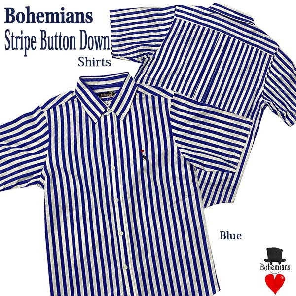 乐天商城 - STRIPE BUTTON DOWN SHORT SLEEVE SHIRTS BLUE ストライプ ボタンダウン 半袖シャツ ブルー BOHEMIANS ボヘミアンズ 日本製