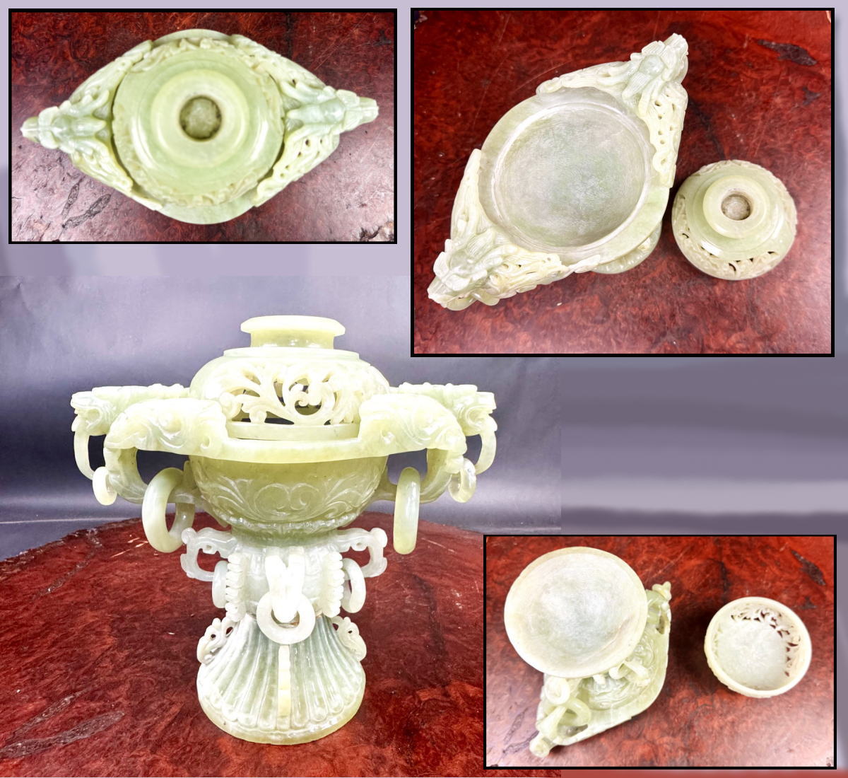 【送料無料】50年代 天然翡翠玉石透かし彫り龍頭双耳大香炉 天然色無着色 縁起物 骨董 パワーストーン..