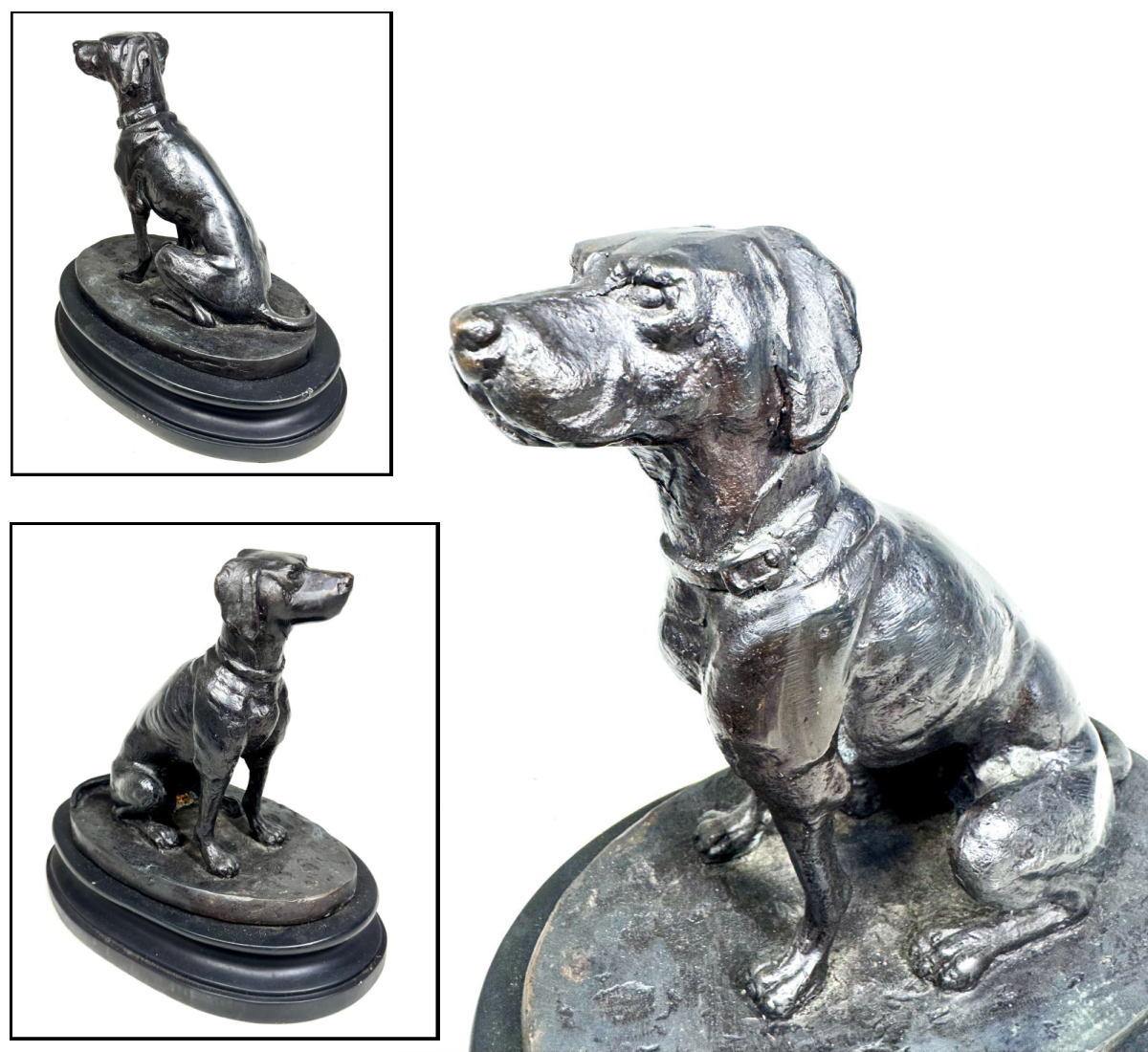 商品番号 WWST022 商 品 名 古銅 狩猟犬 ブロンズ像 銅像 サ イ ズ 約横24cm × 高さ22cm × 奥行15cm (台込み) 重　　量 約2780g (台込み) 商品説明 　素敵な時代物。 注意事項 　古美術品は実際に使用するより、コレクション観賞最適。コレクターの方・店舗や部屋の装飾・文化財の収集などにおすすめです。　手持小物欠損、剥がれ、小アタリ、スレ、シミを始め状態詳細は上記の画像にてご判断の上ご入札下さい。　商品タイトルや説明における時代表記などは、あくまでも元の所有者による情報・付属品の情報により当方の見解によるものです！　時代なりのスレ・汚れ等あります！　価値・時代判断については画像を良くご覧いただき、納得の上ご注文 して下さい！　目視による範囲のキズは出来る限り画像で明記しておりますが、当店で扱っているお品物は骨董品がほとんどです。　経年のモノですので、説明しきれない時代物としてのスレや、変色、使用によるへこみやアタリ、小キズ等の欠点はあります。 時代感など、欠点も含めて愛して頂ける方の入札をお待ちしています。　ご不明な点は質問を頂き、購入者様の自己判断でお願い致します！　パソコンモニターの環境により、実物と画像の色合いが異なる場合もございます！　古美術品は基本的返品できません！　評価の悪い方、若しくは新規のお客様のご注文はこちらで削除させて頂く場合がございますので、ご注文して頂く際は事前に《出品者への質問》へご連絡ください！　そういった商品の欠点を気になさる方、 神経質な方はご入札を控えて頂いたほうがよろしいかと存じます！　慎重にお考え頂いた上ご注文下さい！ 古物商許可証:福岡県公安委員会・第901141810015号 　 ※ 配送・送料について　◎この商品は、「クロネコヤマト宅急便」での発送となります。・配達方法:対面でお届けし、受領印または署名をいただきます。・追跡サービス:あり。・複数の商品を、まとめて1つに発送する事（同一梱包）可能]。・送料無料。・時間帯お届けサービス（※ 別途料金は必要ありません）。・営業所止置きサービス（※ 別途料金は必要ありません）。 （◎ご注意：上記は「クロネコヤマト宅急便」の料金です。お客様より他の発送方法をご指定の場合、別途送料を頂く事もございます。あらかじめご了承ください。　 当商品の配送方法（おすすめ）：