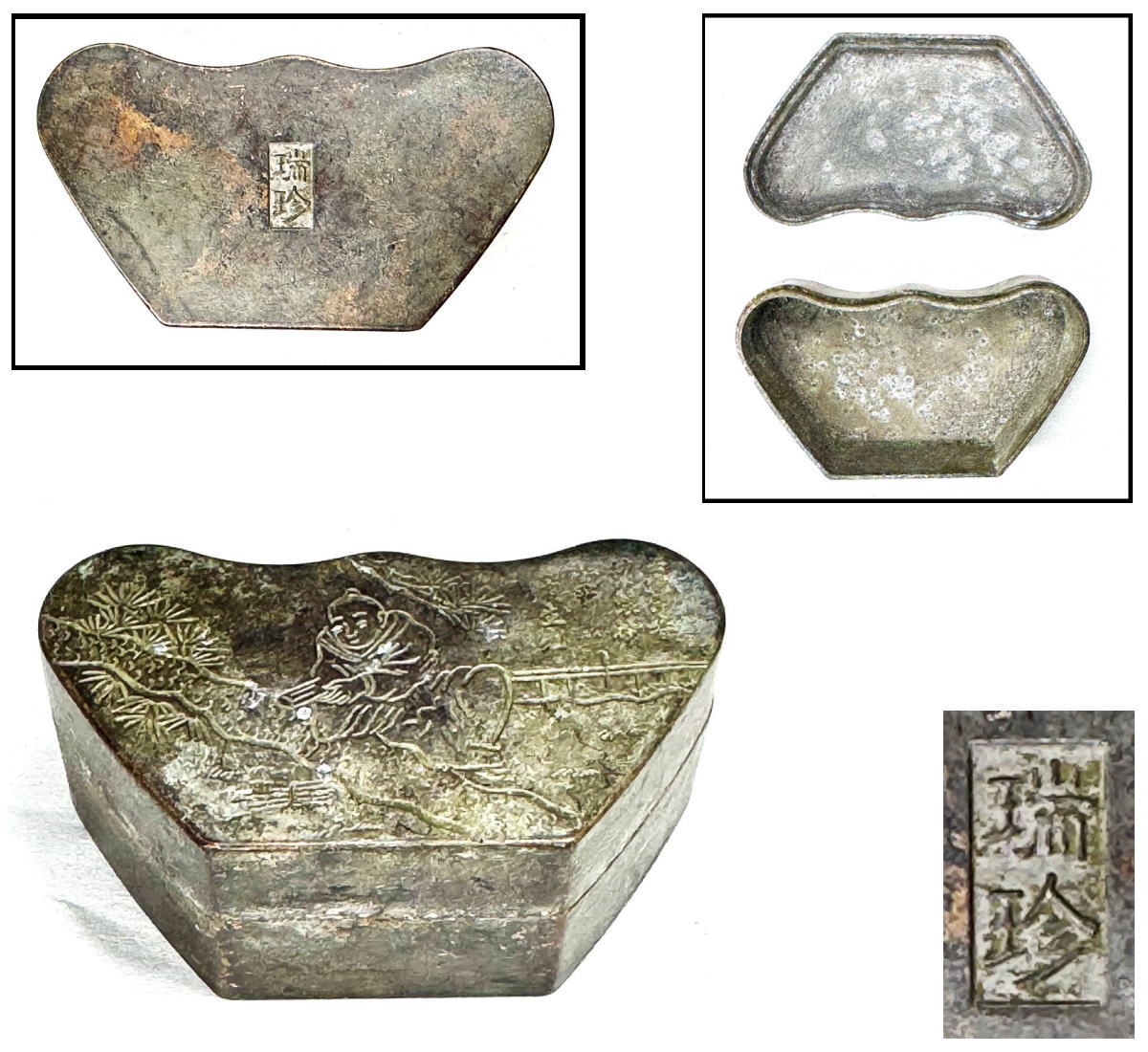 商品番号 WWST058 商 品 名 清時代 古銅 瑞珍款 寅生刻 松下人物風景図 墨盒 サ イ ズ 約横7cm × 高さ2.9cm × 奥行4cm 重　　量 約115g 商品説明 　墨盒（ぼくごう）とは、書道で使う墨汁を入れる容器のことです。　特に、携帯用や、硯の代わりに墨を磨るのではなく、墨汁を直接入れて使うものを指すことが多いです。 注意事項 　古美術品は実際に使用するより、コレクション観賞最適。コレクターの方・店舗や部屋の装飾・文化財の収集などにおすすめです。　手持小物欠損、剥がれ、小アタリ、スレ、シミを始め状態詳細は上記の画像にてご判断の上ご入札下さい。　商品タイトルや説明における時代表記などは、あくまでも元の所有者による情報・付属品の情報により当方の見解によるものです！　時代なりのスレ・汚れ等あります！　価値・時代判断については画像を良くご覧いただき、納得の上ご注文 して下さい！　目視による範囲のキズは出来る限り画像で明記しておりますが、当店で扱っているお品物は骨董品がほとんどです。　経年のモノですので、説明しきれない時代物としてのスレや、変色、使用によるへこみやアタリ、小キズ等の欠点はあります。 時代感など、欠点も含めて愛して頂ける方の入札をお待ちしています。　ご不明な点は質問を頂き、購入者様の自己判断でお願い致します！　パソコンモニターの環境により、実物と画像の色合いが異なる場合もございます！　古美術品は基本的返品できません！　評価の悪い方、若しくは新規のお客様のご注文はこちらで削除させて頂く場合がございますので、ご注文して頂く際は事前に《出品者への質問》へご連絡ください！　そういった商品の欠点を気になさる方、 神経質な方はご入札を控えて頂いたほうがよろしいかと存じます！　慎重にお考え頂いた上ご注文下さい！ 古物商許可証:福岡県公安委員会・第901141810015号 　 ※ 配送・送料について　◎この商品は、「クロネコヤマト宅急便」での発送となります。・配達方法:対面でお届けし、受領印または署名をいただきます。・追跡サービス:あり。・複数の商品を、まとめて1つに発送する事（同一梱包）可能]。・送料無料。・時間帯お届けサービス（※ 別途料金は必要ありません）。・営業所止置きサービス（※ 別途料金は必要ありません）。 （◎ご注意：上記は「クロネコヤマト宅急便」の料金です。お客様より他の発送方法をご指定の場合、別途送料を頂く事もございます。あらかじめご了承ください。　 当商品の配送方法（おすすめ）：